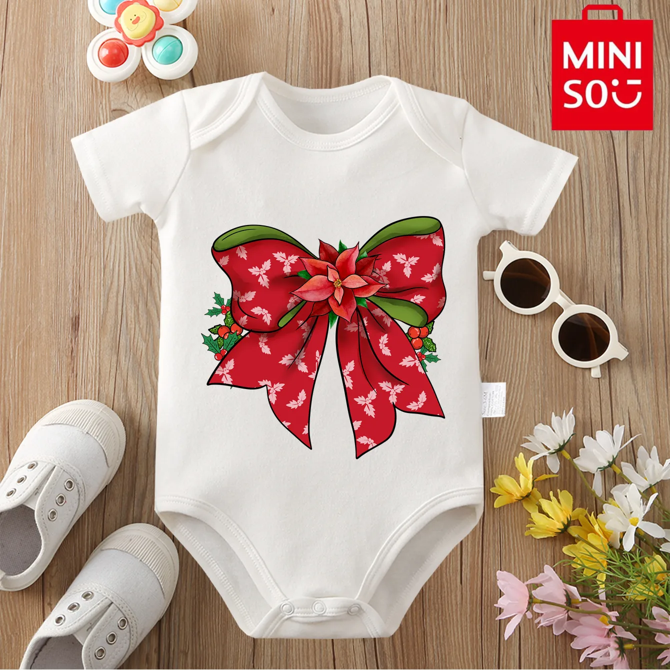 MINISO القوس سانتا HOHOHO عيد ميلاد سعيد القطن الخالص نيسيي بذلة الملابس ارتداءها ل 0-12 شهرا الوليد أفضل هدية للطفل #2