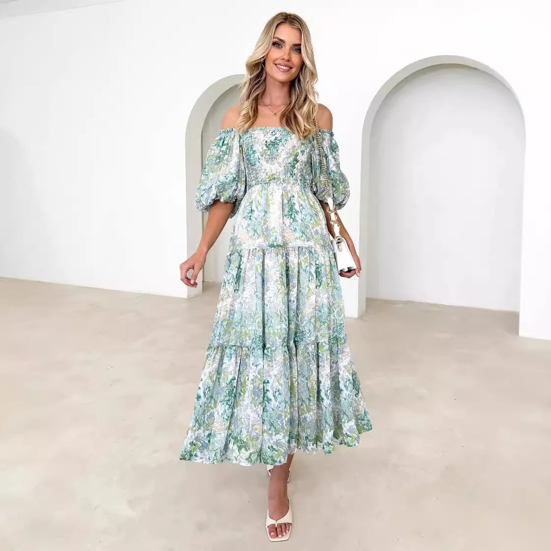 فستان كعكة فرنسي مطبوع بأكمام منتفخة لصيف 2025 - 88109