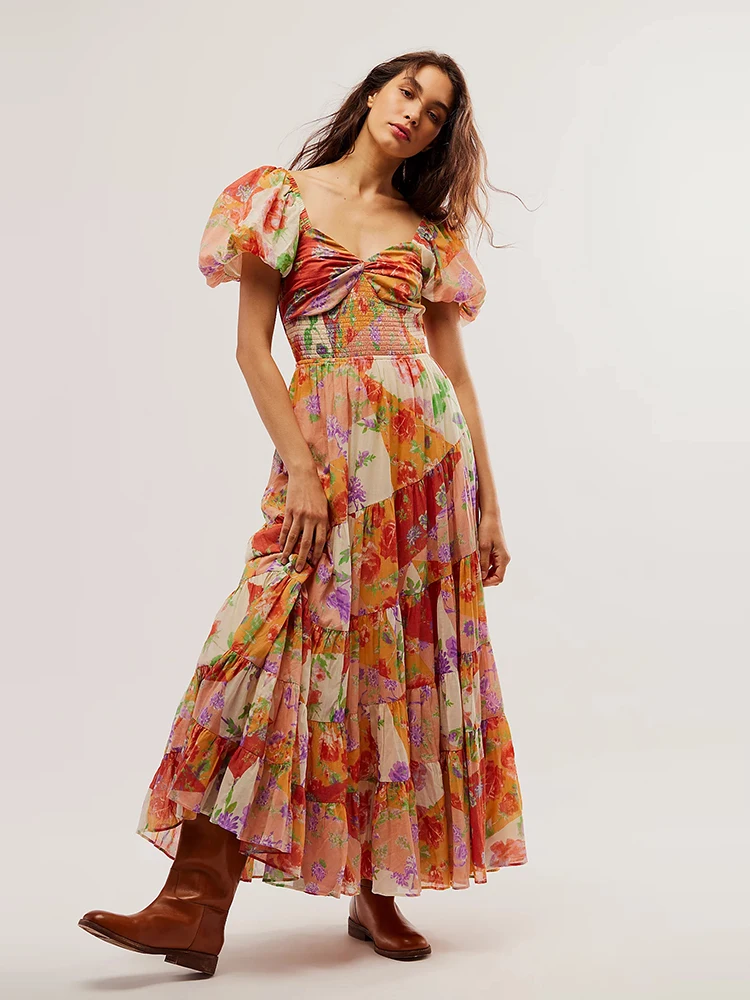 Women's Summer Printed Colorful Long Dress Sexy Puff Short Sleeve High Waist Floral A-line Dresses Vintage Holiday Party