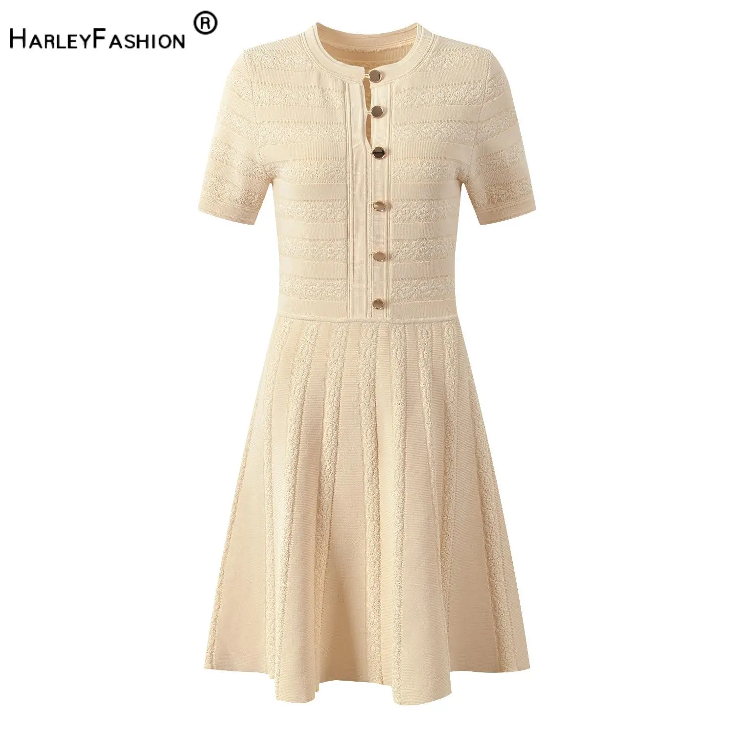 

Lady Spring Summer New Arrival Hollow Out Jacquard Office Casual Wear O-neck Short Sleeve Single-breasted A-line Knit Mini Dress