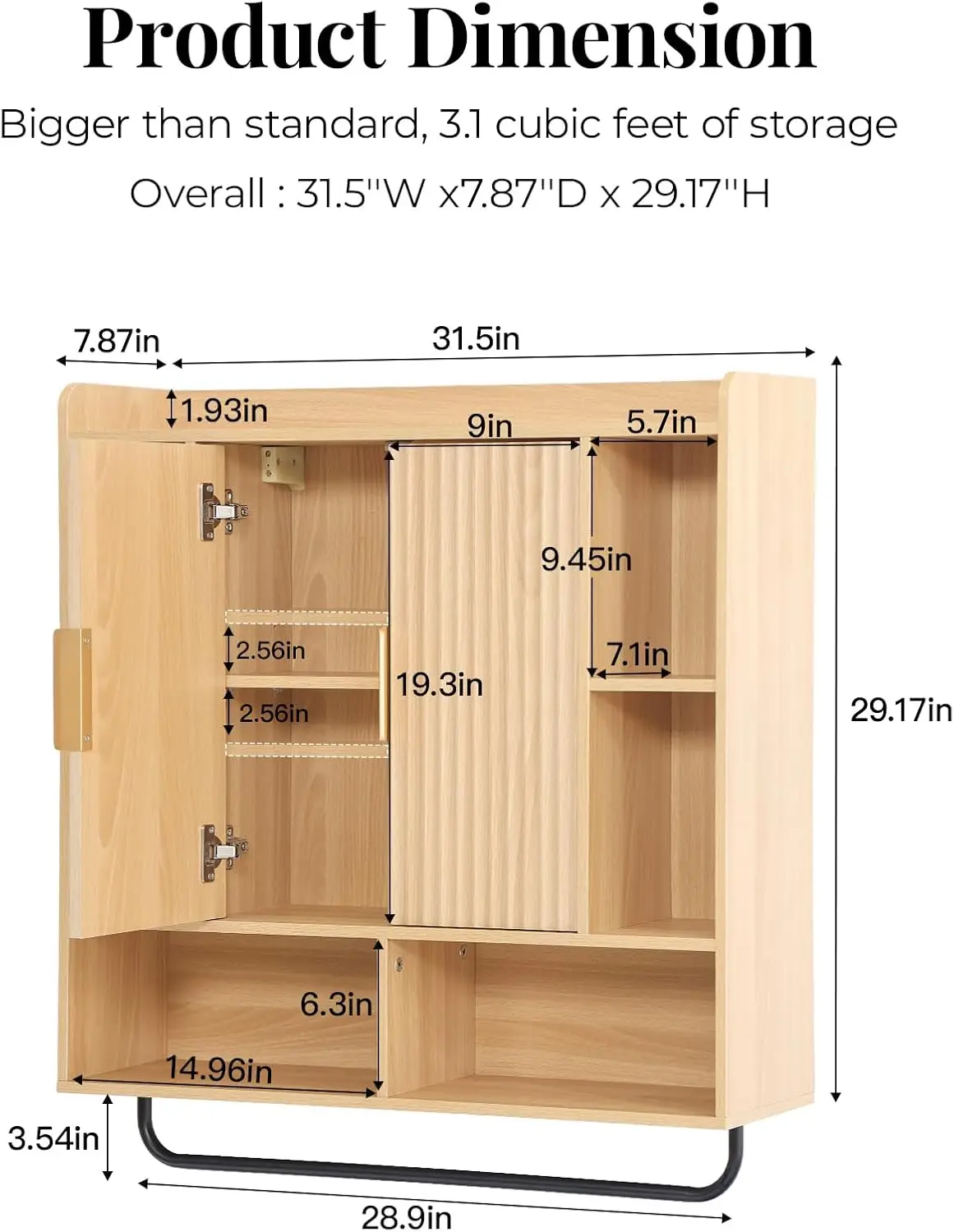 31.5 Inch Wide Fluted Wall‑Mount Bathroom Medicine Cabinet with Doors and Adjustable Shelf, Multi‑Use Over‑the‑Toilet Storage Organizer for Bathroom, Laundry Room, Kitchen and Entryway, Natural Wood Finish
