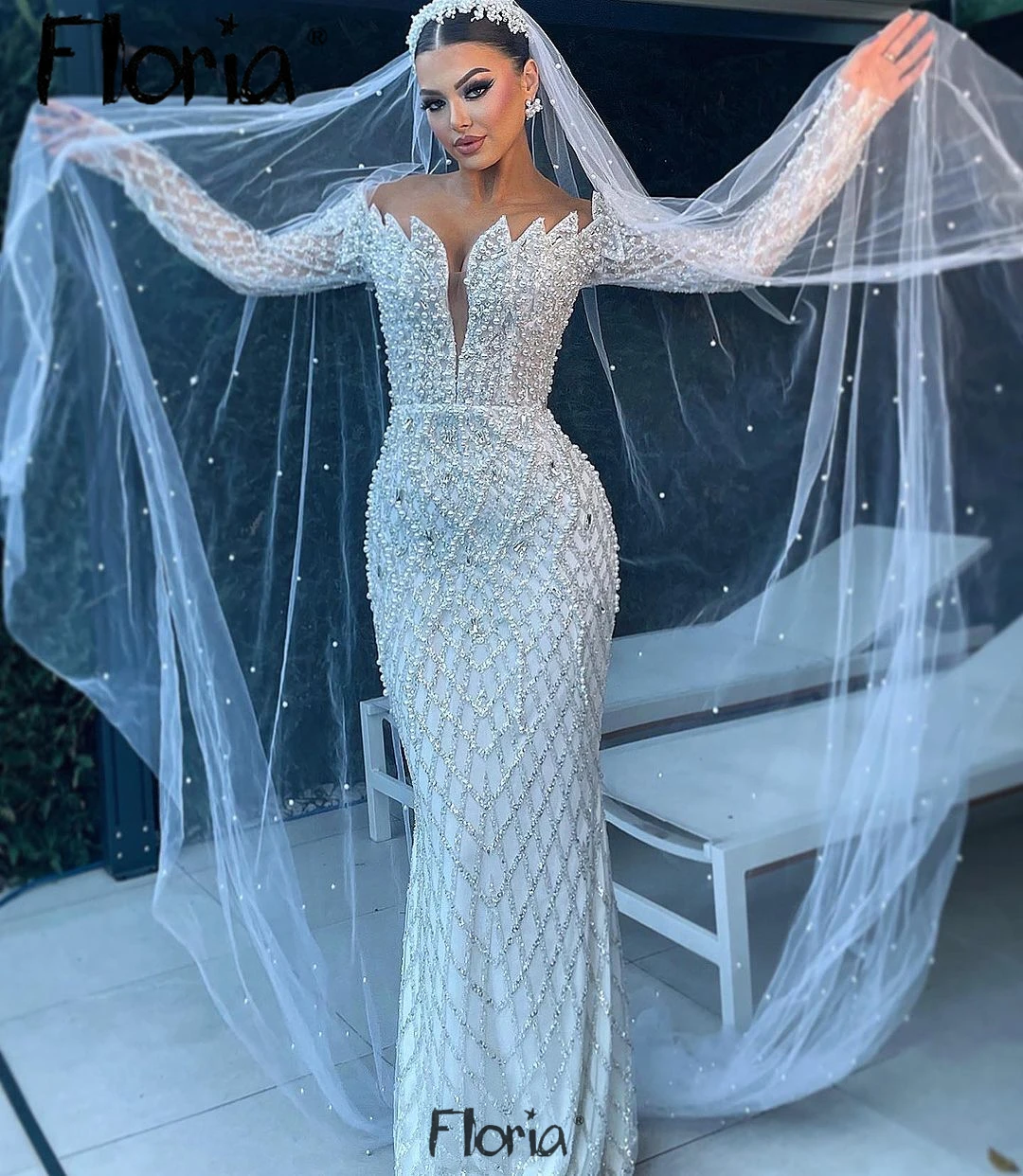 

Floria Pearls Mermaid Lace Long Sleeve Wedding Dress African Beading Crystals Bridal Gowns 2024 For Women Zipper Back Custom