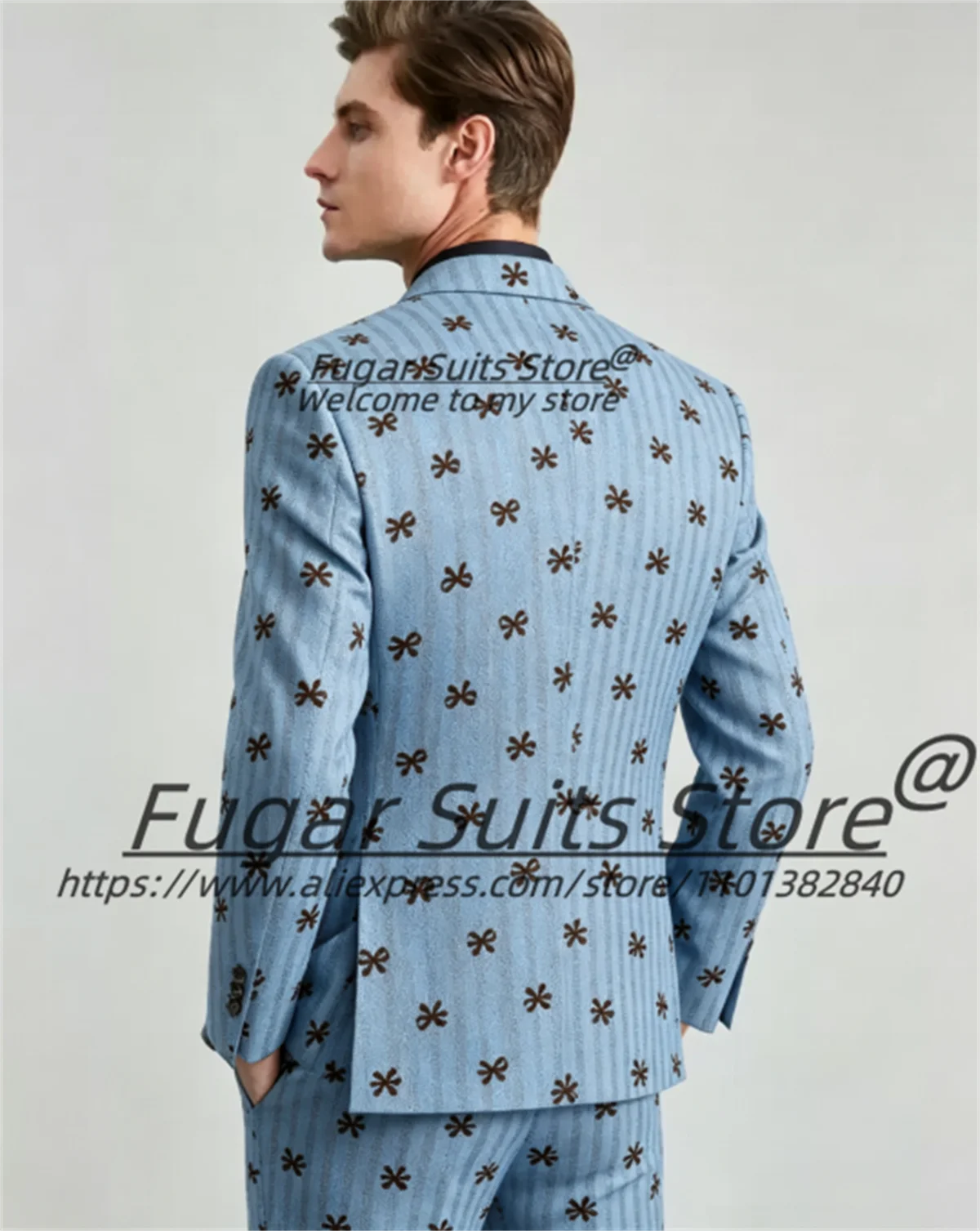 Fashion Light Blue Floral Stripe Men Suits Customized Double Breasted Slim Fit Groom Wedding Tuxedo 2 Pieces Sets Costume Homme