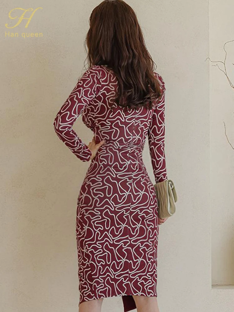 H Han Queen Elegant V-Neck Office Pencil Dress Women Korean Slim Sexy Split Print Sheath Dresses Party Work Bodycon Vestidos
