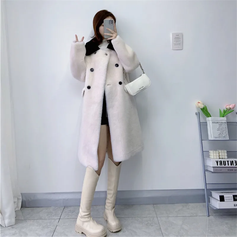 Winter Fashion Contrast Color Black Collar Wool Fur Coat Women Double-Breasted Sheep Sheared Jacket Loose Overcoat Ladies H2649