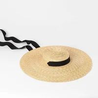 Summer Big Natural Wheat Straw Hats For Women Handmad Wide Brim Beach Visor Caps Elegant Flat Top Long Ribbon Lace-Up Sun Hat - Image 6