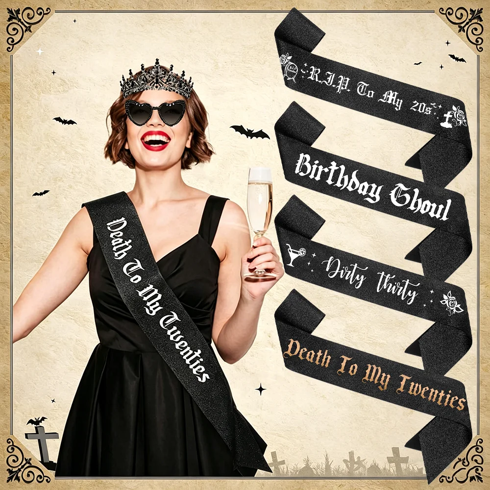 30. Schwarze Funkelnde Schärpe Gotische Geburtstagsparty-Dekoration Death To My Twenties Accessoires Dirty Thirty Dunkler Stil Geschenk für Sie
