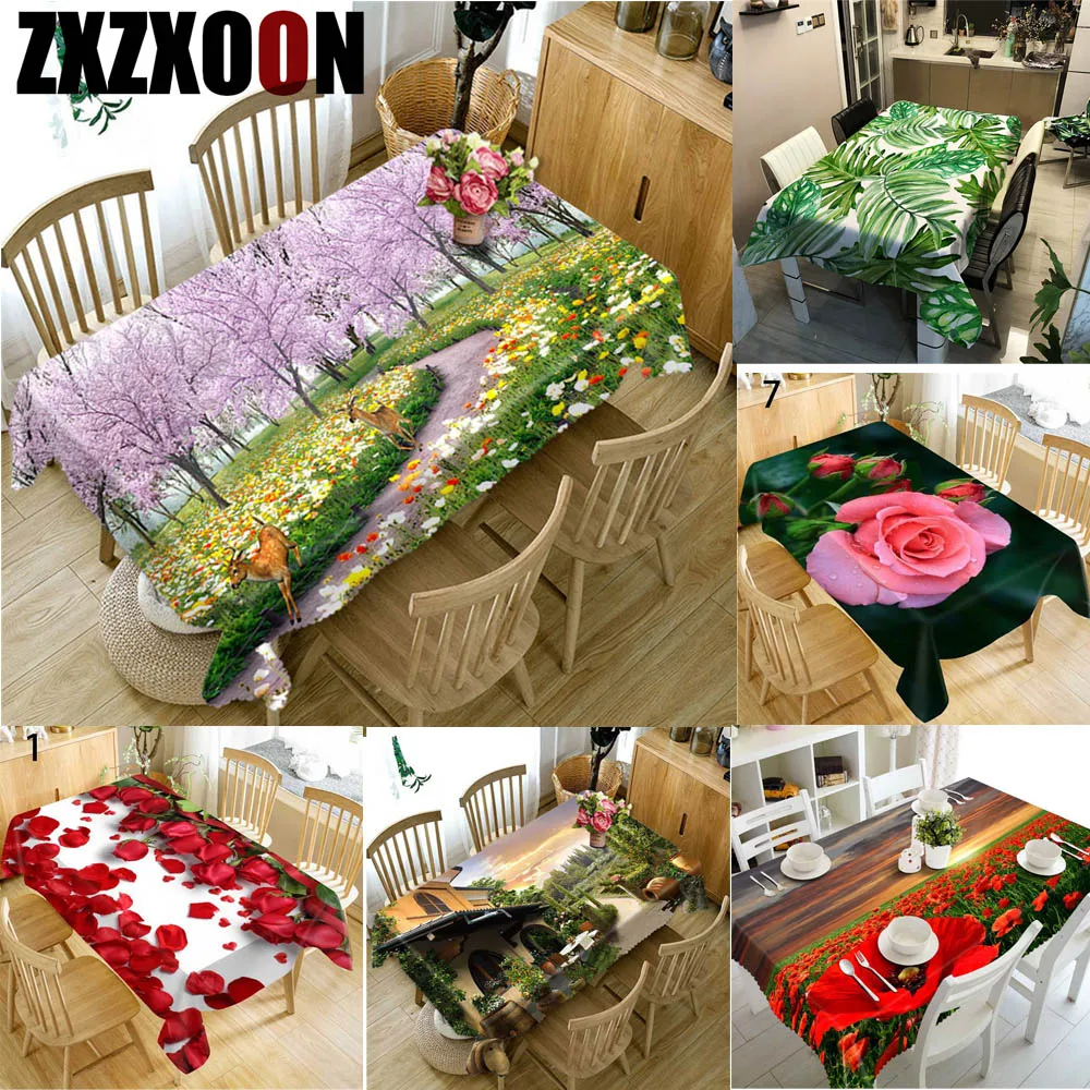 Kitchen Decoration Red Flowers Rose Plant Leaves Table Desk Cloth Cover Waterproof Polyester Rectangular Tablecloth for Party