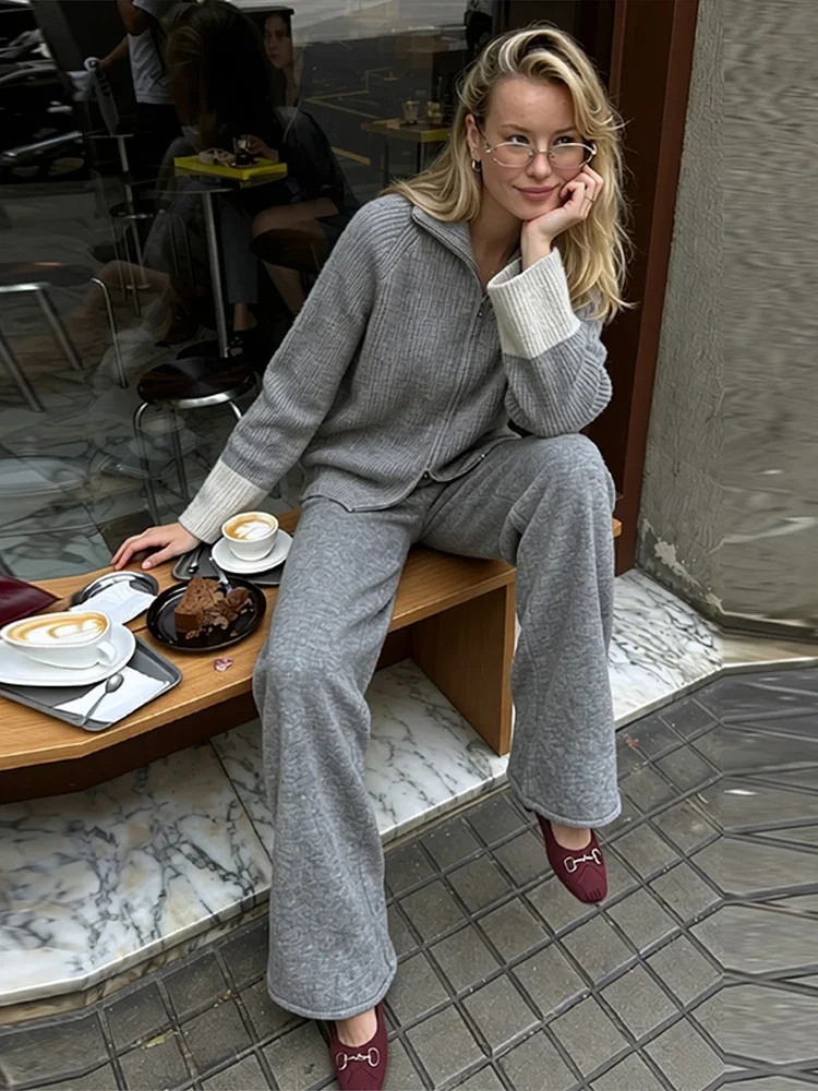 Zweiteiliges Damen-Strickset mit Cardigan und Hose, Reißverschluss-Oberteil mit Reverskragen, weit geschnittene Hose, gestricktes Set für den Alltag im Herbst – Detail 10