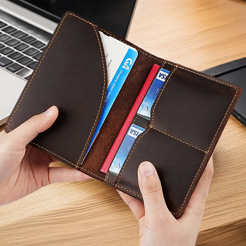 

Durable Boarding Pass Passport Cover Handmade Crazy Horse Leather Simple Card Holder Registration Ticket Organizer Travel Wallet