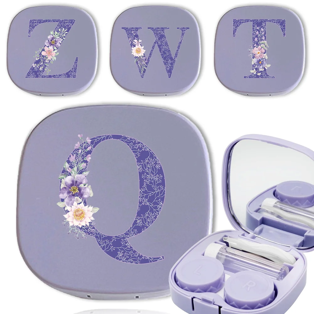 

Portable Meitong Storage Box With Makeup Mirror Contact Lens Case Travel Organizer Glasses Holder Purple Flower Letter Pattern