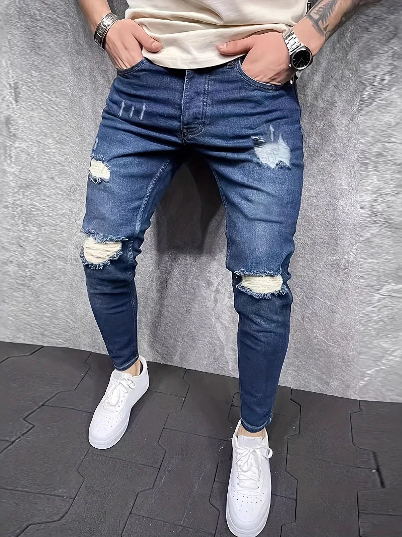 

Fashionable Elastic Slim Fit Men's Jeans Long Pants High Waist Zipper Closure Casual Cotton 100% 3D Effect Non-Shrinking