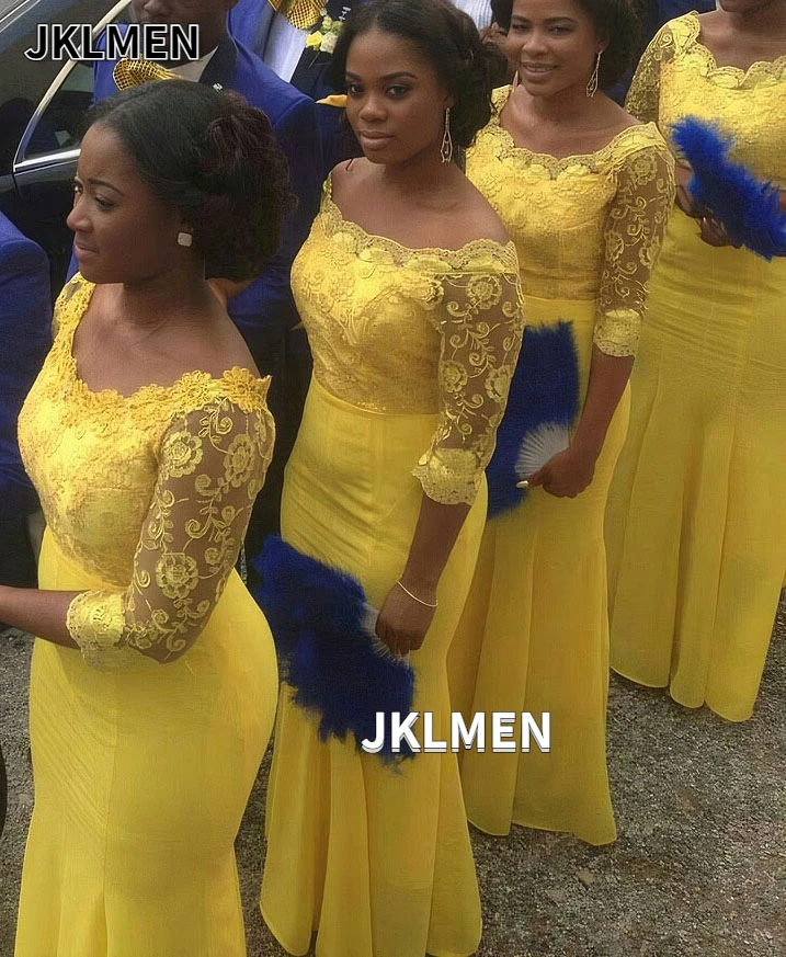 African Mermaid Bridesmaid Vestidos com Mangas, Chiffon Lace Appliques, Maid of Honor Vestidos para Casamentos, Custom Made, Amarelo