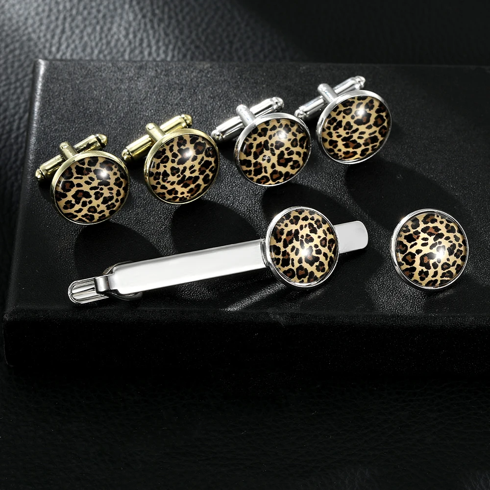 مضحك رجل ليوبارد طباعة نمط جولة أزرار أكمام وربطة عنق كليب مجموعة الزجاج كابوشون صورة فنية كم زر