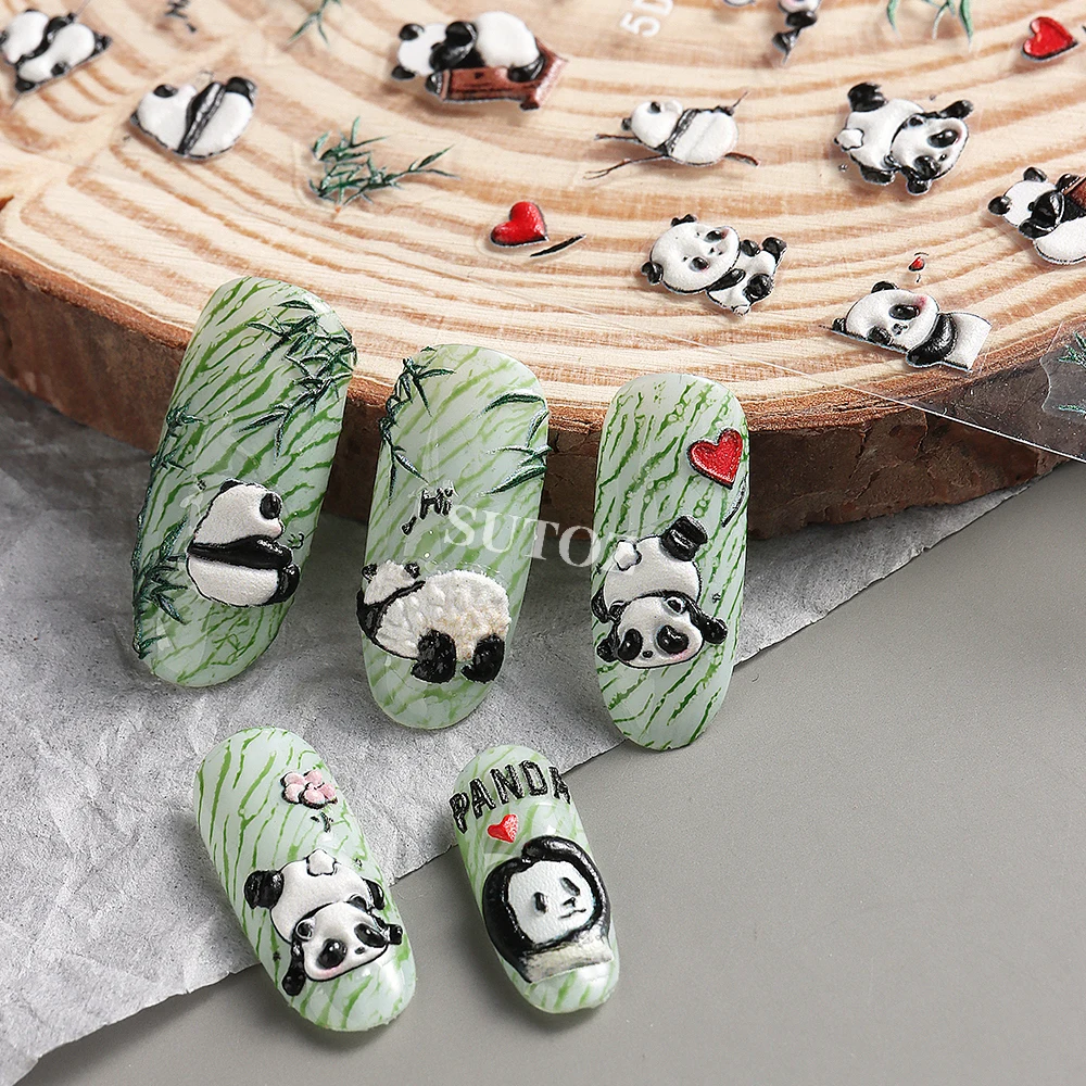 Pegatinas de Panda para uñas, calcomanías de dibujos animados de animales, hoja de bambú, deslizador de estilo chino, lámina de manicura, accesorios Kawaii, LEB5D-K251