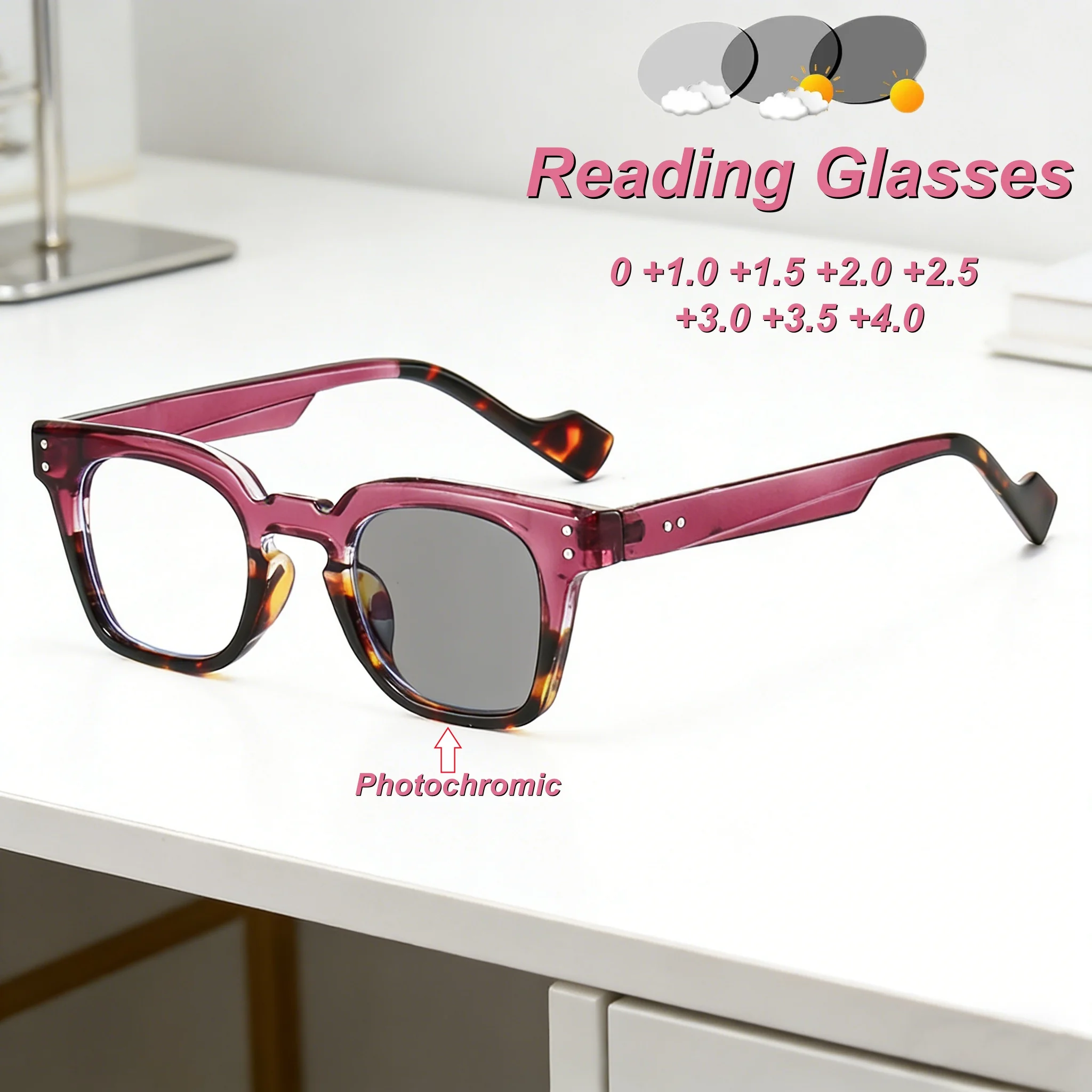 

2026 New Fashionable Personalized HD Square Frame Photochromic Women's Reading Glasses Retro Neutral Anti Blue Light Glasses