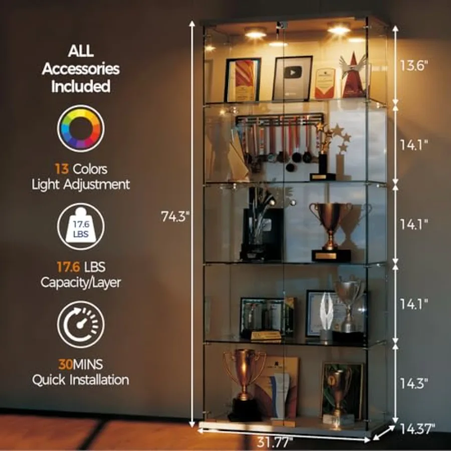 5 Shelves Display Cabinet with LED Light and Double Doors view 2