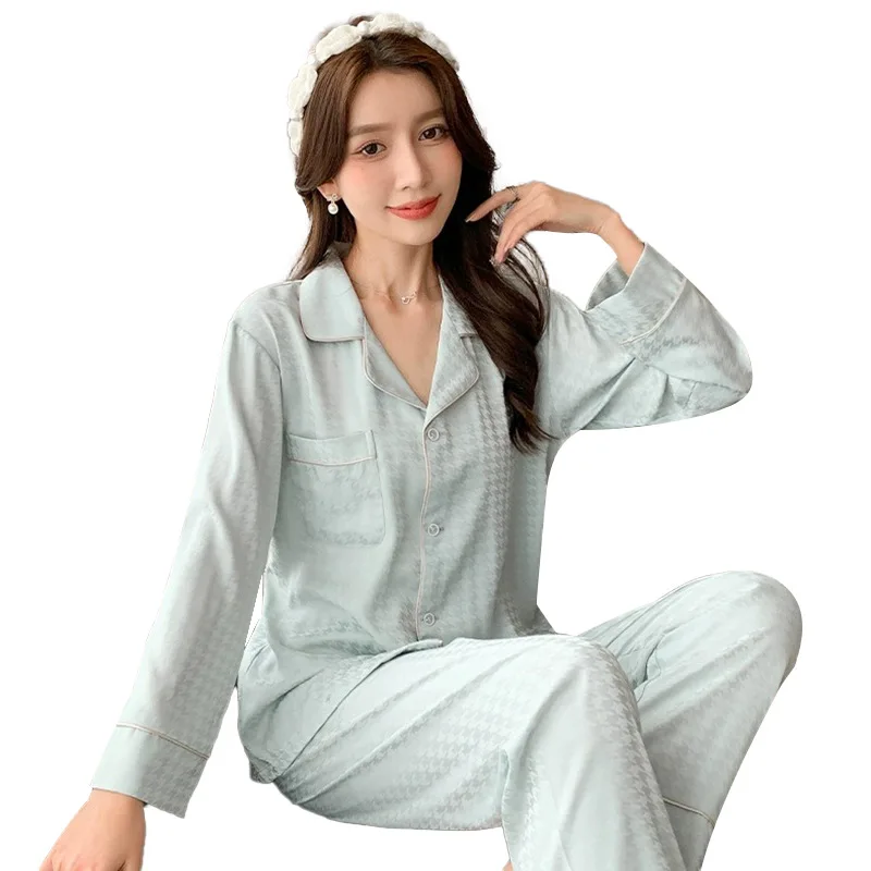 Women\'s Pajama Set Spring Autumn 2 Piece Plaid Print Pyjama Faux Silk Satin Sleepwear Long Sleeve Pijama Mujer Pjs Homewear