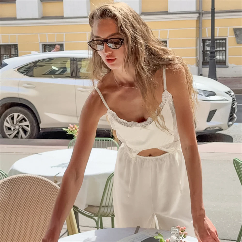 NEW Apricot Fashion Satin Reflective Woven Ladies Pajamas Set Two-Piece Sleeveless Lace Camisole Elastic Waist Full Length Pants 5