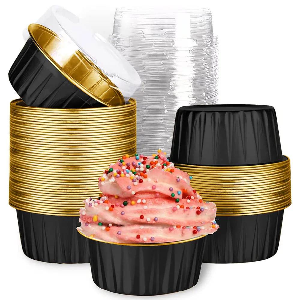 Mini tazas para hornear cupcakes de papel de aluminio con tapas, revestimientos de papel para cupcakes, soporte para sartén de estaño para tarta y tarta, minicontenedores desechables para pasteles