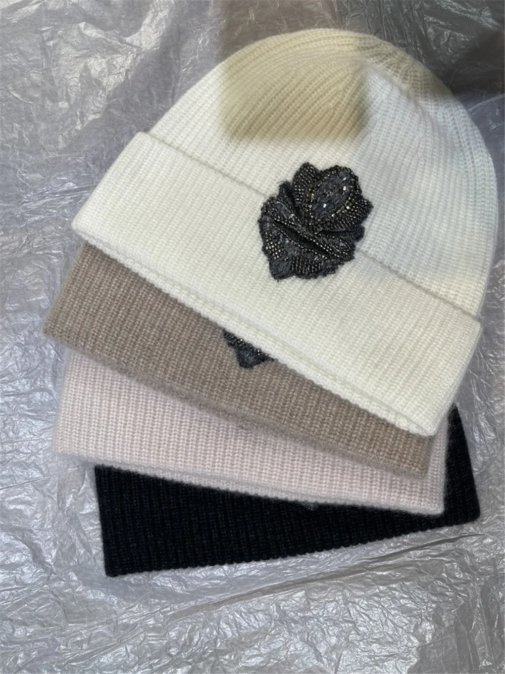 Winter Hats for Women's B*C New Knitted Cashmere Caps Female Outdoor Windproof Warm Hat Bead Badge Beanie Caps 4 Styles