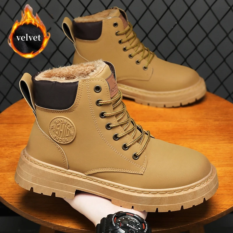 Botas de motociclista de piel de invierno para hombre, zapatos de motocicleta de moda de alta calidad, botas de cuero cómodas de terciopelo cálidas para exteriores, botines para hombre