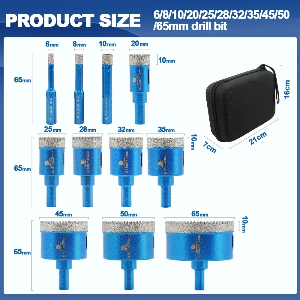 BRSCHNITT Diamond Drill Bit Kit 11Pcs Dia 6-65mm for Ceramic Marble Granite Tile Cutter Tool Set Hole Saw Drill Core Bit