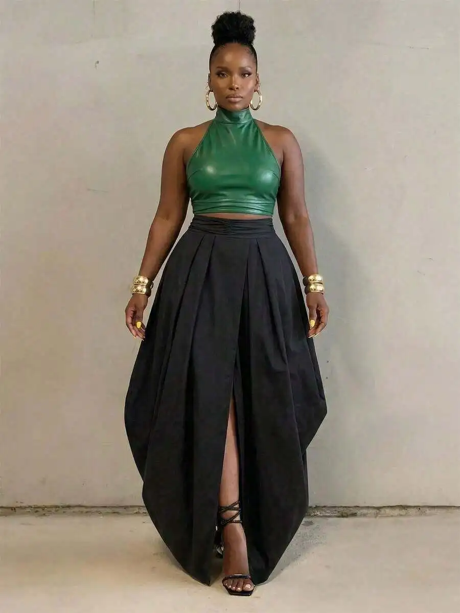 

Oversized Black Pleated Skirt Pants Women High Waist Floor Length Streetwear Hip Hop Casual
