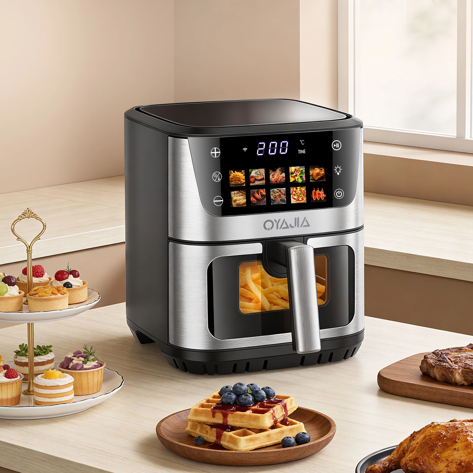 Friggitrice ad aria calda con finestra di visualizzazione, 1600 W, capacità 6,5 L, 10 programmi preimpostati, schermo a colori, 80-200. ° C 1-60min Con Luce di Lavoro Meno Olio Salutare