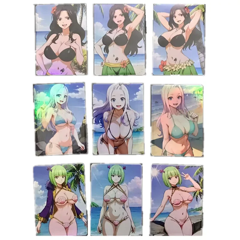 9Pcs/set Anime Fairy Tail Heroine Beach Swimwear Series Homemade ACG Sexy Nude Card Game Toy Gift DIY Collection Card