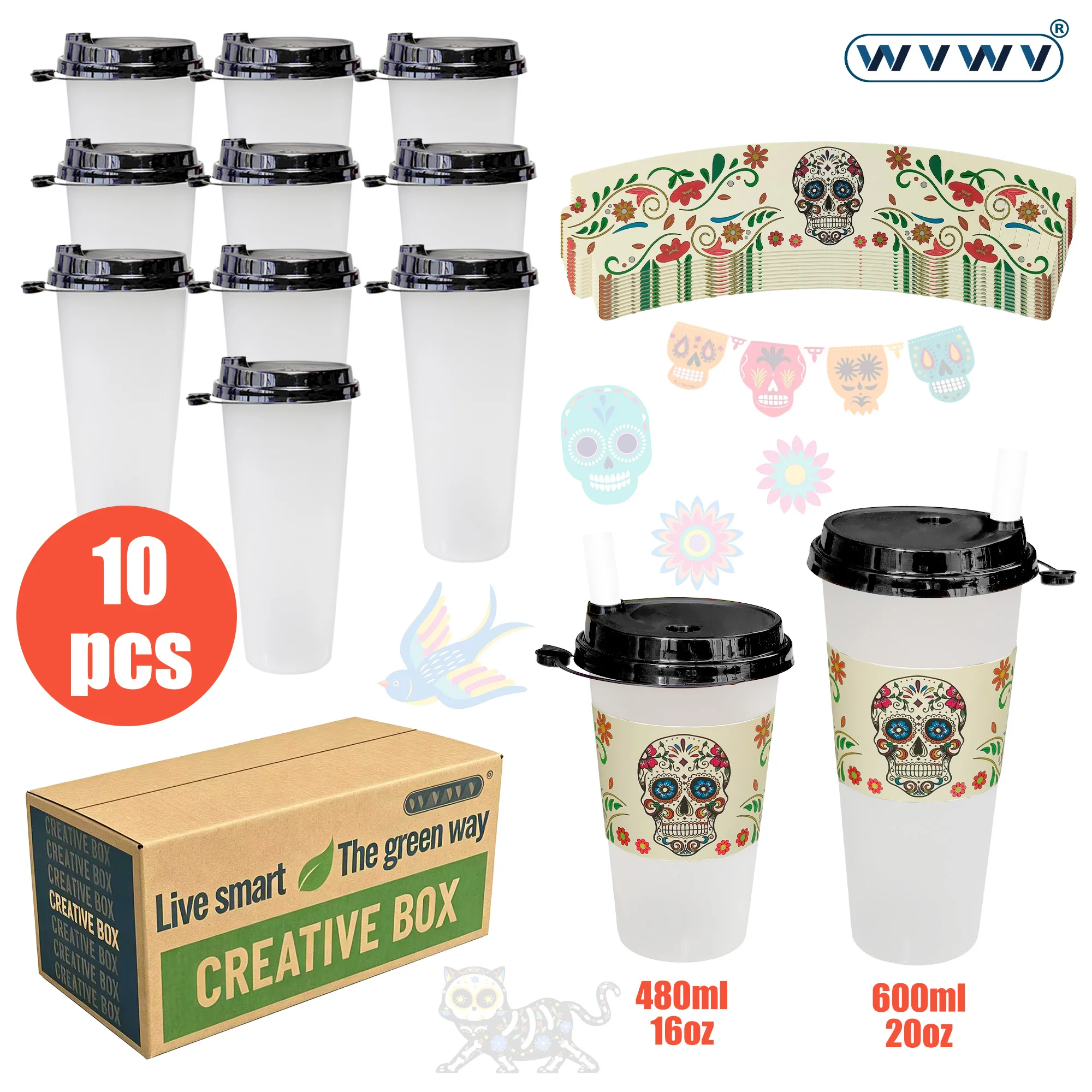 10Pcs Day of the Dead Milk Tea Cups, Colorful Floral Sugar Skull Cup Sleeves, with Leak-Proof Lids/Reusable, Holiday Decoration Drink Containers, Coffee Cups, DIY and Party Supplies, Family Gifts, Portable Leak-Proof