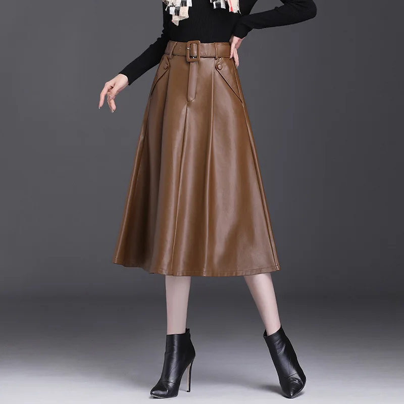 #1605 Black Khaki Red Faux Leather Skirt Women Belt Office A-line Skirt Female Loose Elegant Split Joint Pleated Midi Skirt 