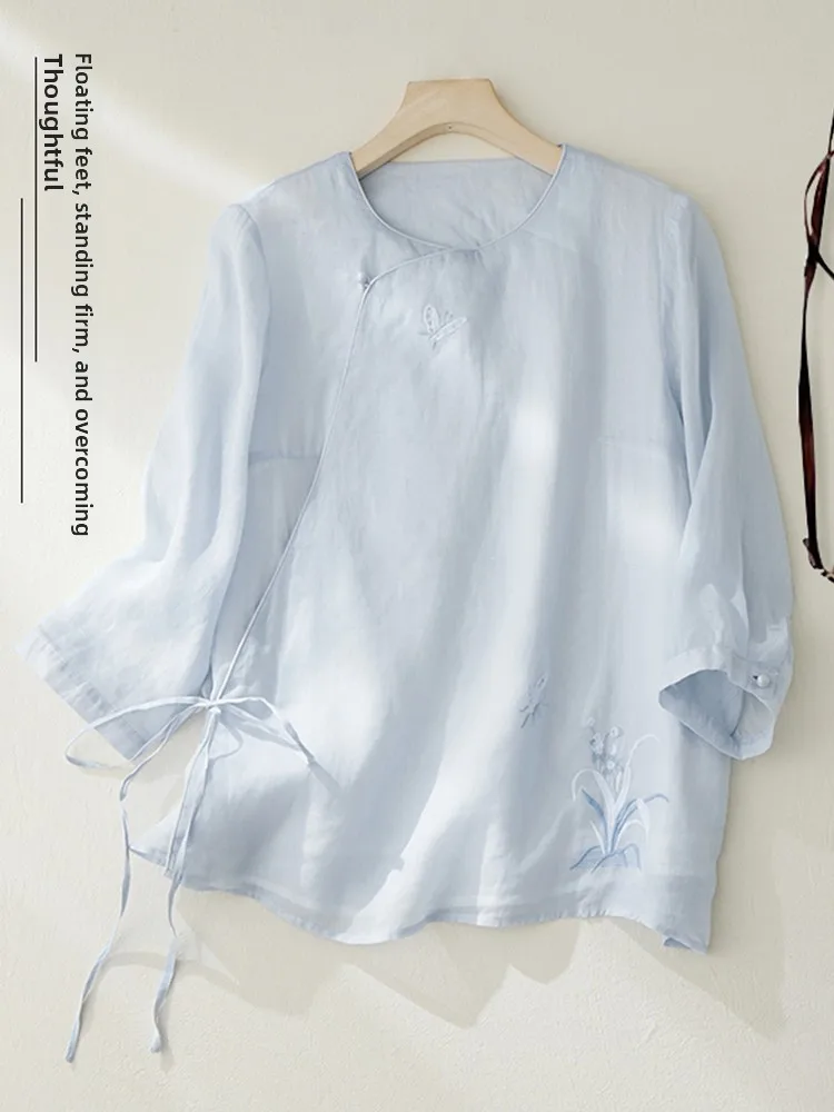

New Chinese Style Cool Flax Double Layer Seven Sleeve Shirt Women Summer Retro Slant Buttoned Thin Flax Embroidered Top