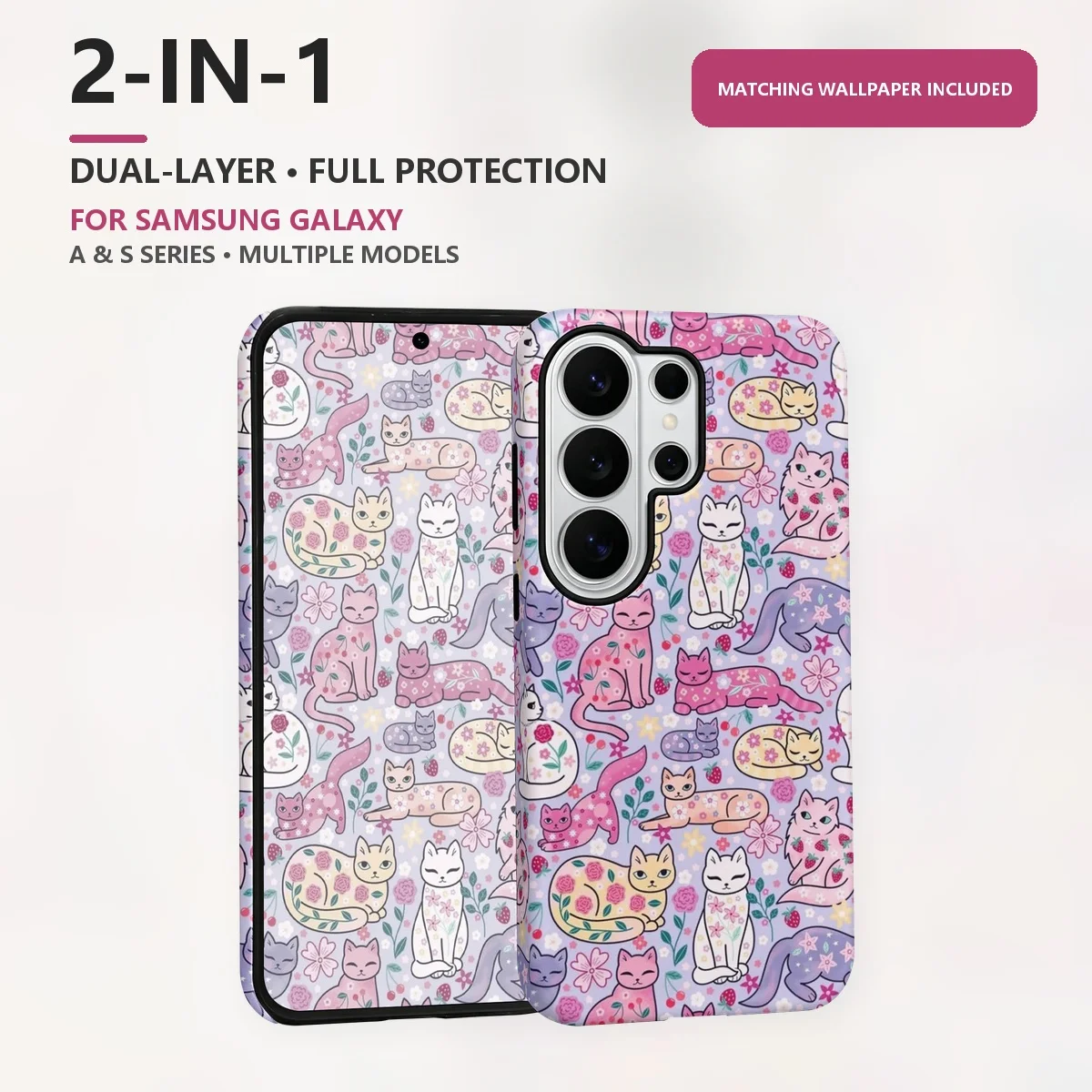 Floral Cats Pattern 2-in-1 Dual-Layer Phone Case for Samsung Galaxy S26 S25 S24 S23 S22 S21 Plus Ultra FE S20 FE A56 A17 A16 A15