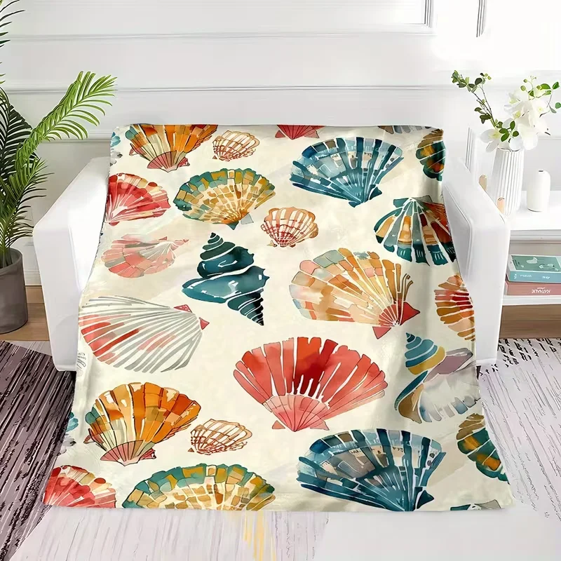 Watercolor Multicolor Seashell Conch Print Blanket Ocean Marine Print Soft Cozy Blanket Sofa Bed Decor All Season Warm Blanket