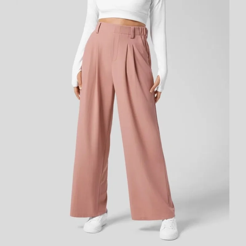 Legging Plissé à Jambes Larges et Droites pour Femme, Pantalon de dehors, de bug astique, de Yoga, de Course à Pied, de Fitness, d'Entraînement, Rose, Taille Haute