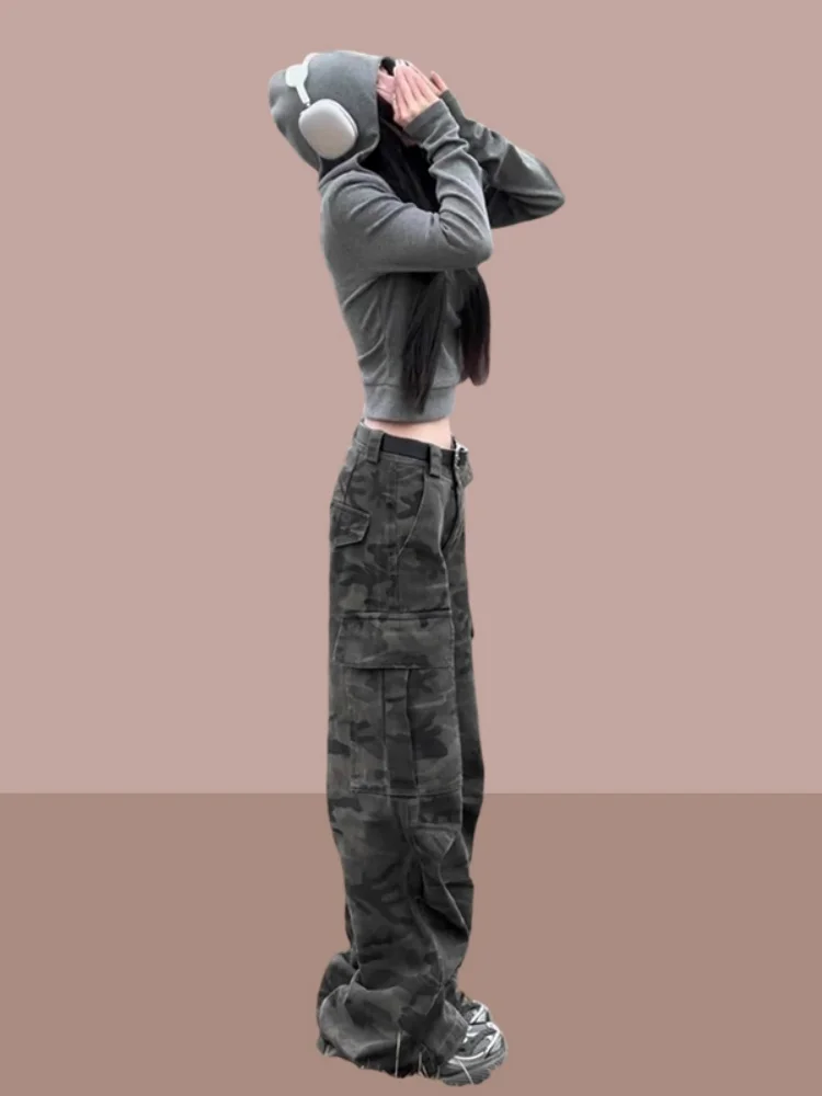 التمويه العمل السراويل النسائية ربيع الخريف جديد Sle كوي الجافة المشي لمسافات طويلة مستقيم الساق الجينز عادية بنطال ذو قصة أرجل واسعة