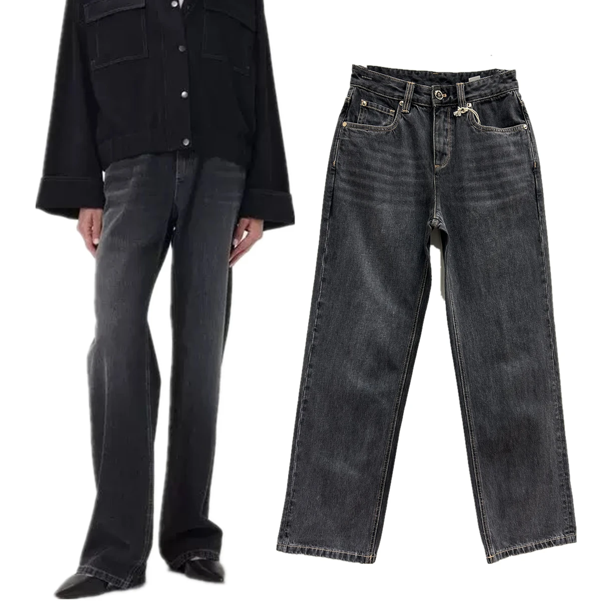 

Dave&Di Minimalist Women's Clothing Dark Gray Jeans Women High Waisted Mom Jeans Straight Leg Denim Pants Women