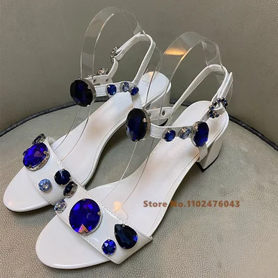 

Summer New Rhinestone Gemstone High Heel Sandals Women's Blue-white Leather Thick Heel Open-toe Ankle Strap Runway Show Show