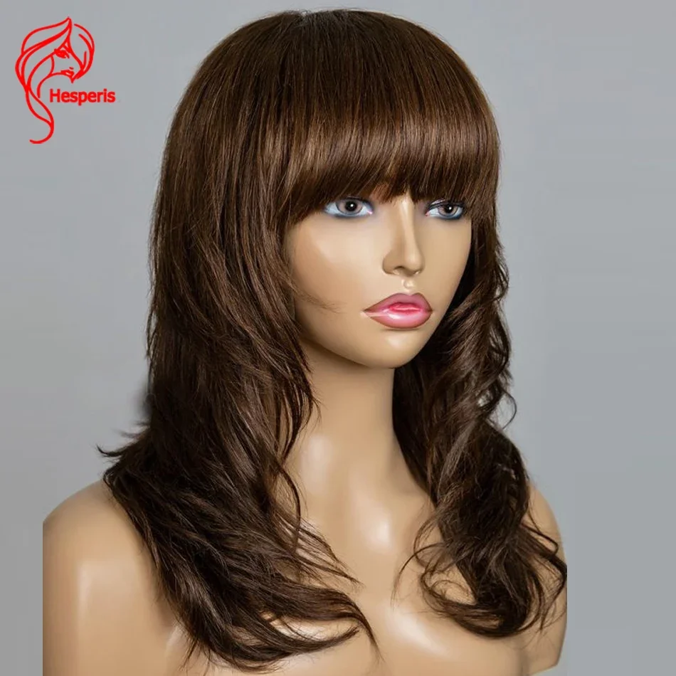 

Hesperis 200 Density Layered Cut Full Machine Made Wigs For Women Brazilian Remy Brown Scalp Top Human Hair Wig With Bangs