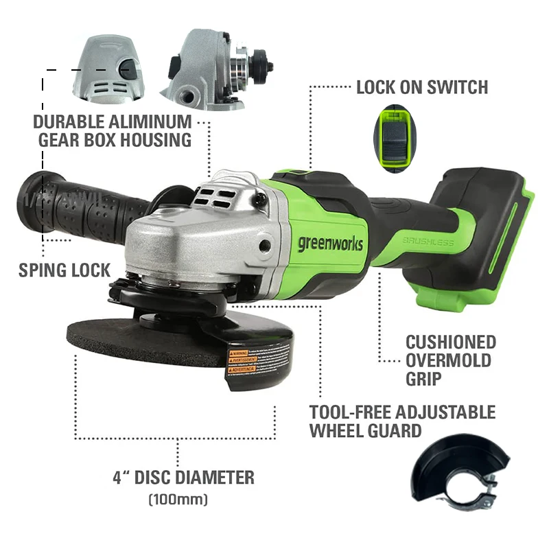 Greenworks 24V Brushless Angle Grinder 100Mm Disc Diameter 10500 RPM Includes Auxiliary Handle Grinding Disc & Tool Kit