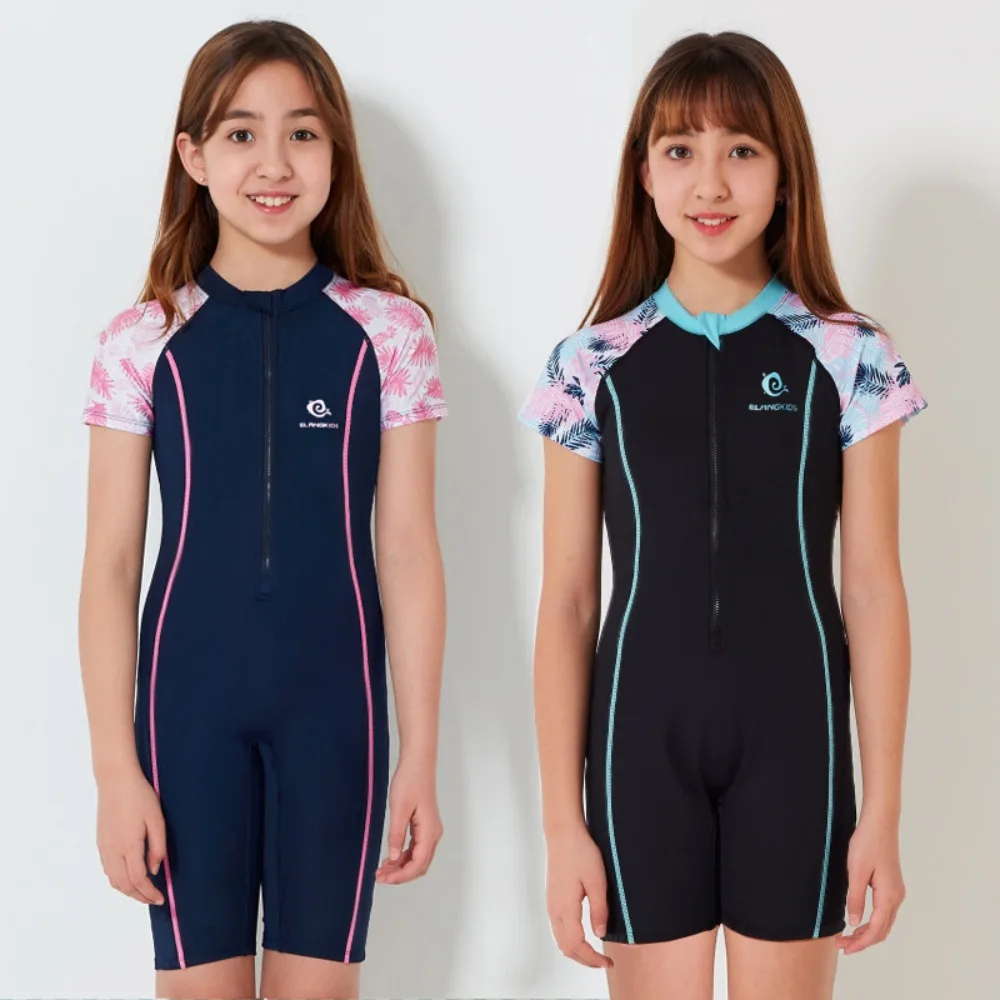 

Kid Swimwear Girl Zipper One Piece Suit Children Sunscreen Quick Drying Short Sleeve Swimsuit Bathing Suit Beachwear Swimm Surf