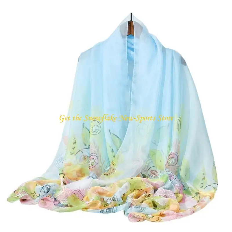 

E56D Women Long Shawl Breathable Beach Shawl Peacocks Printed Chiffons Scarf Fashion Beach Dress for Travel
