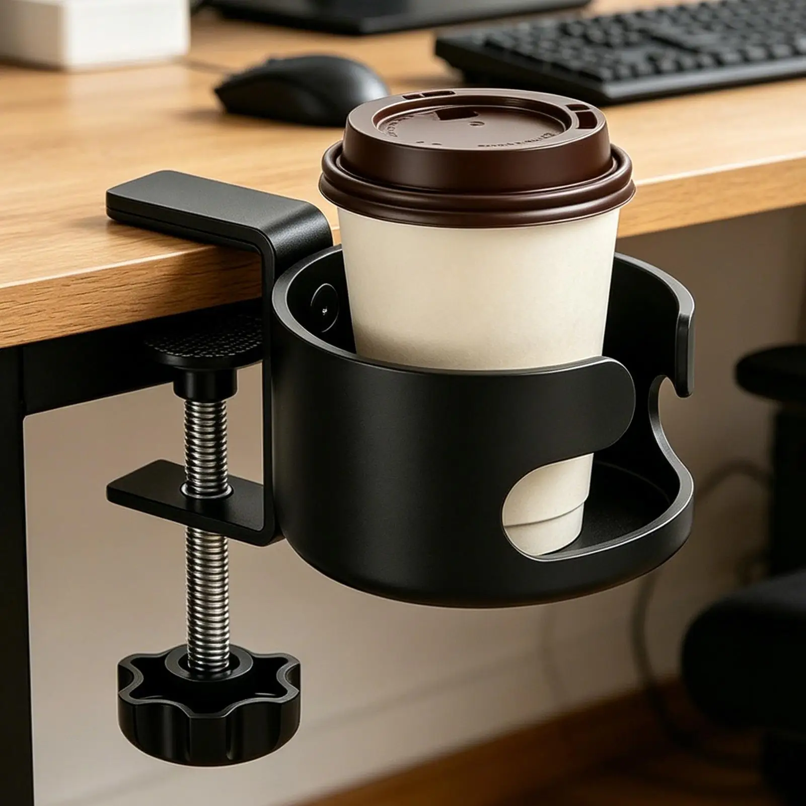 Clip On Desk Cup Holder Adjustable Fits Most Cups & Bottles Sturdy Anti-Spill Drink Stand for Office Home Computer Table