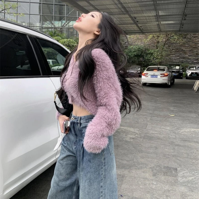 Fluffy Cropped Cardigan Faux Mink V-neck Purple Soft Sweater Women Long Sleeve Tops Trend Short Coat Knitted Cardigan Streetwear