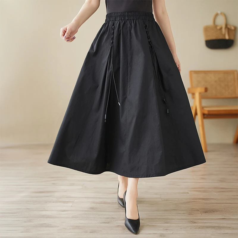 Jupe mi-longue ample en coton et lin pour femmes, décontractée, grande taille, taille haute, ligne a, jupe parapluie pliable, printemps automne