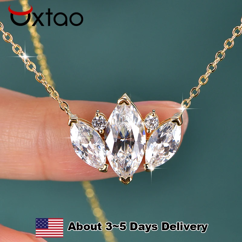 

OXTAO Marquise Cut Fashion Pendant Necklace Leaf-Shaped Crown Three stones Lab Imitation Diamond Chain Necklace Female Jewelry