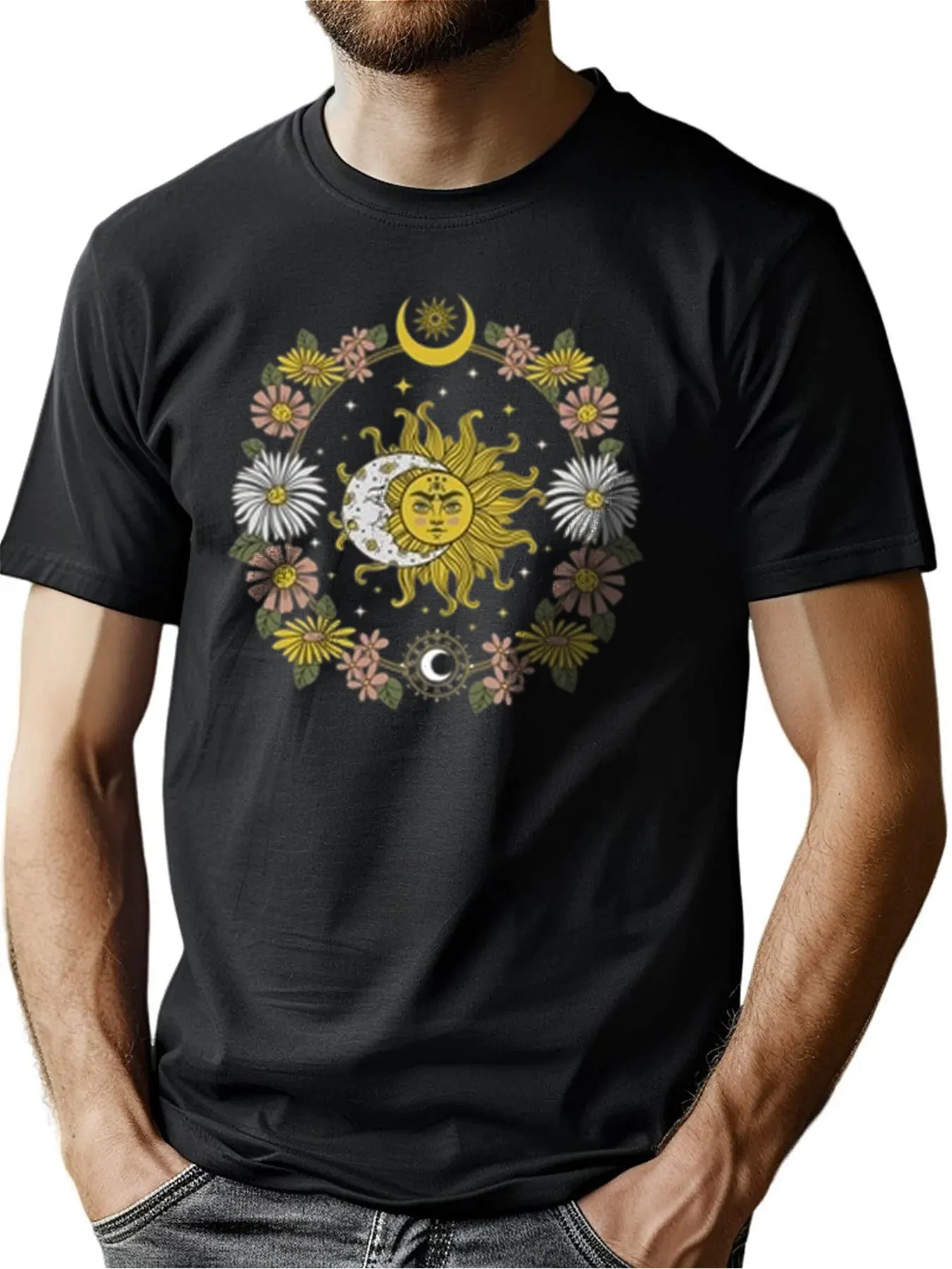 

Men's Premium Cotton Crew Neck Tee With Sun Moon Flower Print, Soft Breathable Casual Shirt For Outdoor Activities, Christmas G