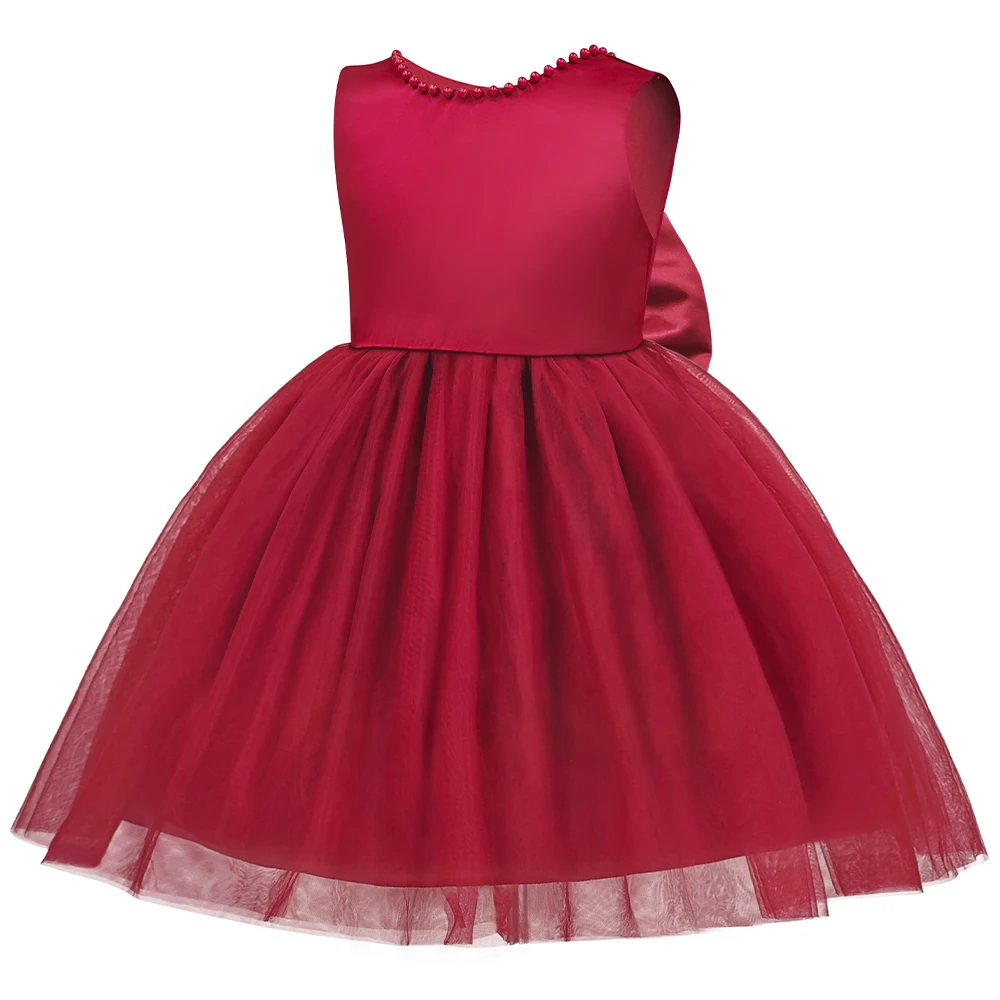 ชุดเดรสเด็กผู้หญิงสำหรับงานแต่งงาน งานปาร์ตี้วันเกิด งานคริสต์มาส งานเลี้ยงตอนเย็น ผ้าซาติน คอวี ผูกโบว์ใหญ่ ผ้าทูลล์