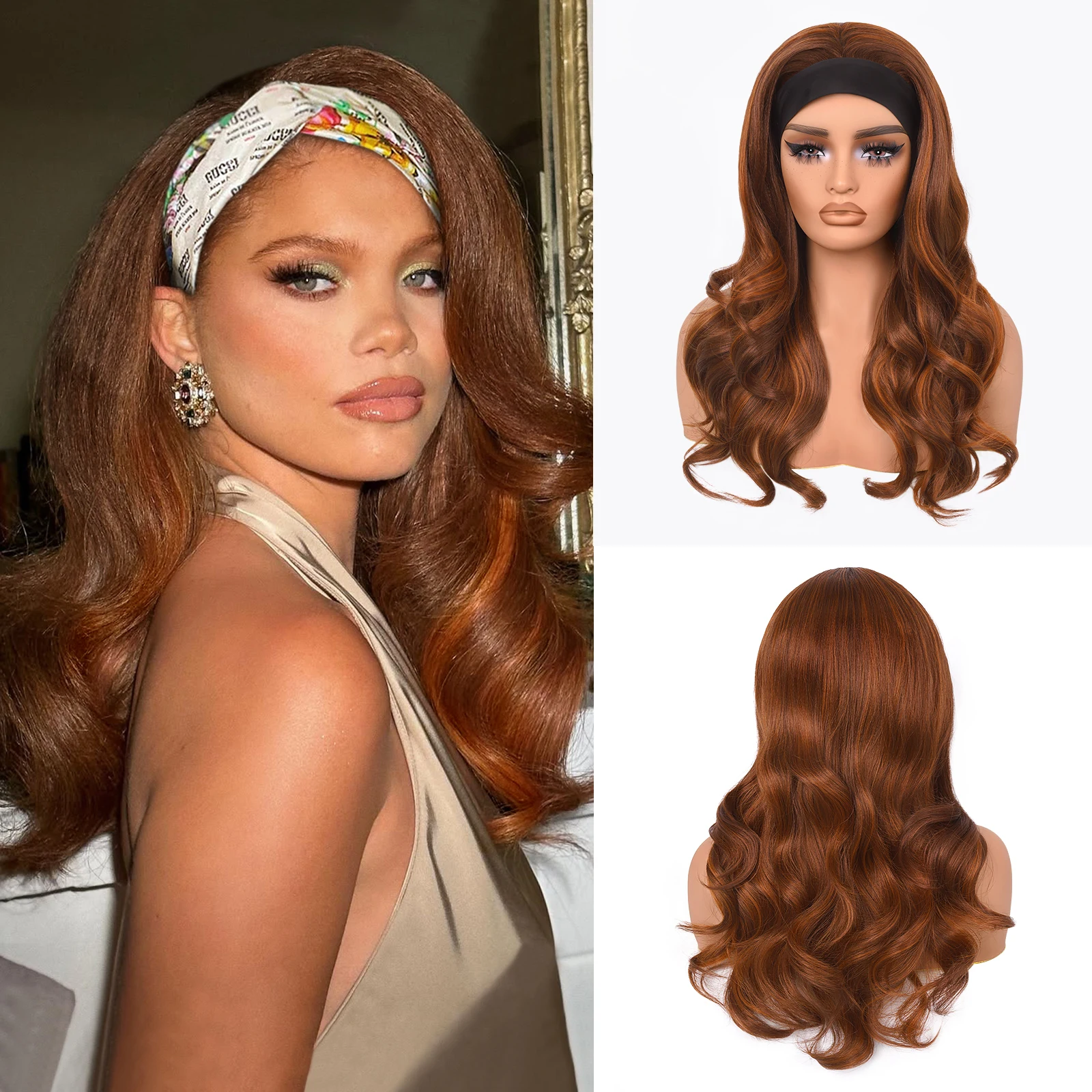 

Имбирные блики, объемная волна, повязка на голову, парики для женщин, яки, бесклеевые парики, омбре, коричневая синтетическая повязка на голову, термостойкие волосы, 18 дюймов